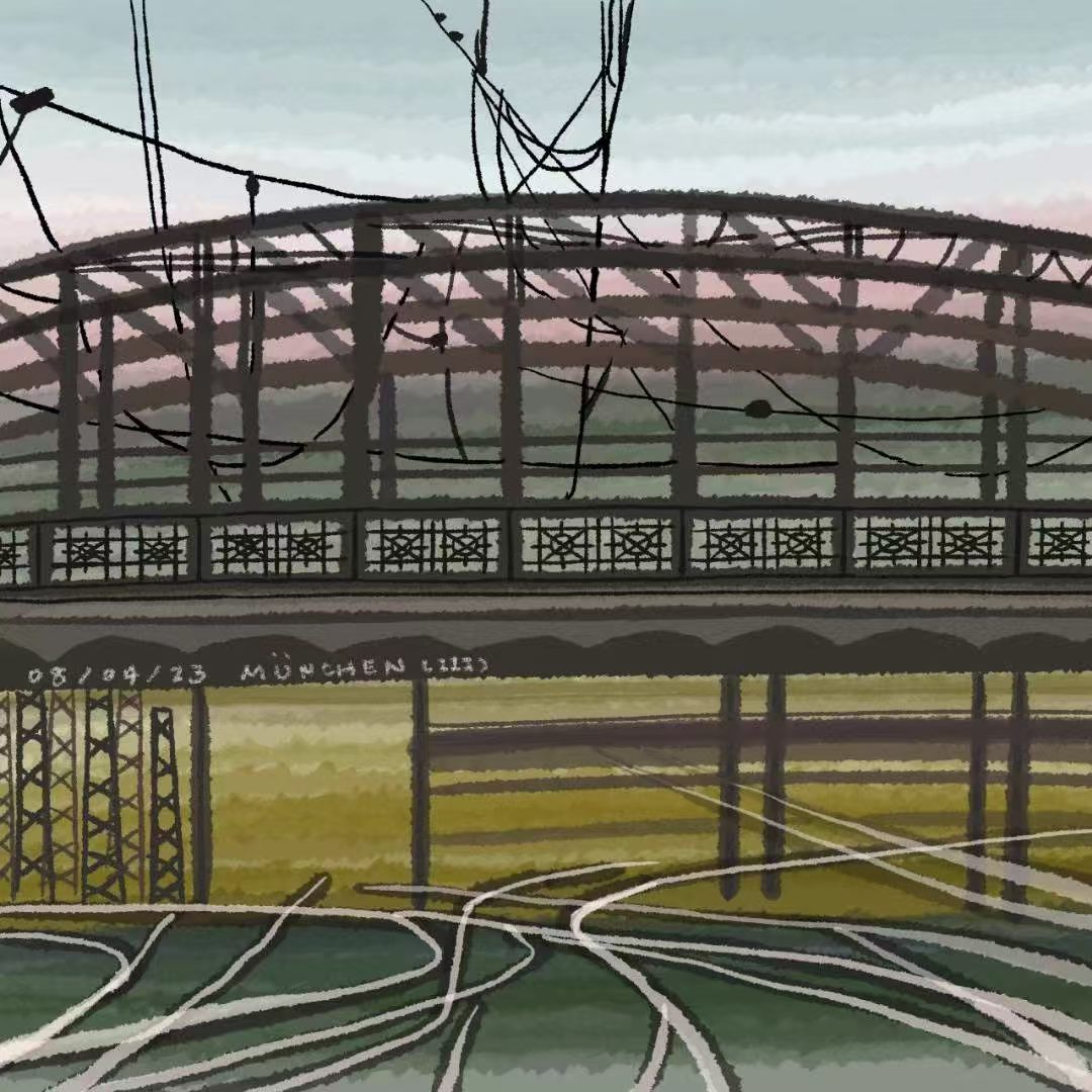 An illustrated railway bridge and surrounding landscape