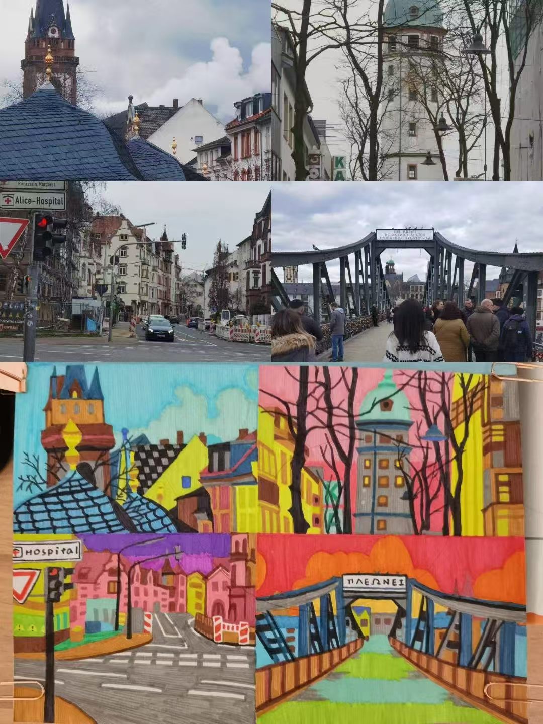 City photographs paired with colorful architectural drawings