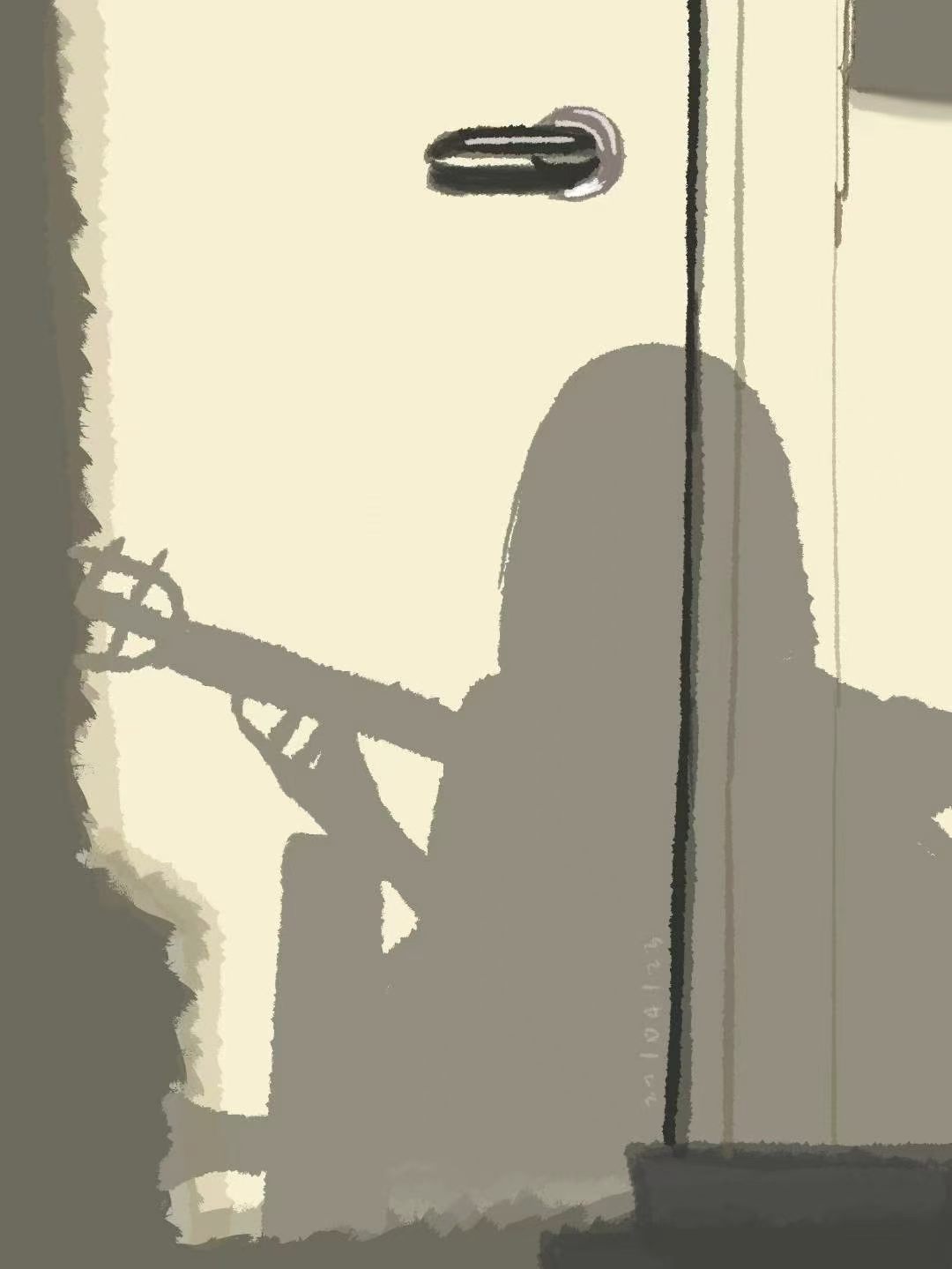 A muted illustration of a guitarist's shadow cast across a door