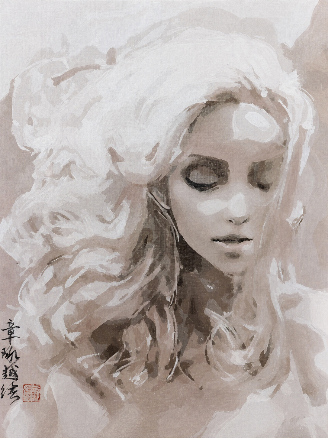 A monochrome portrait painting of a woman with flowing hair