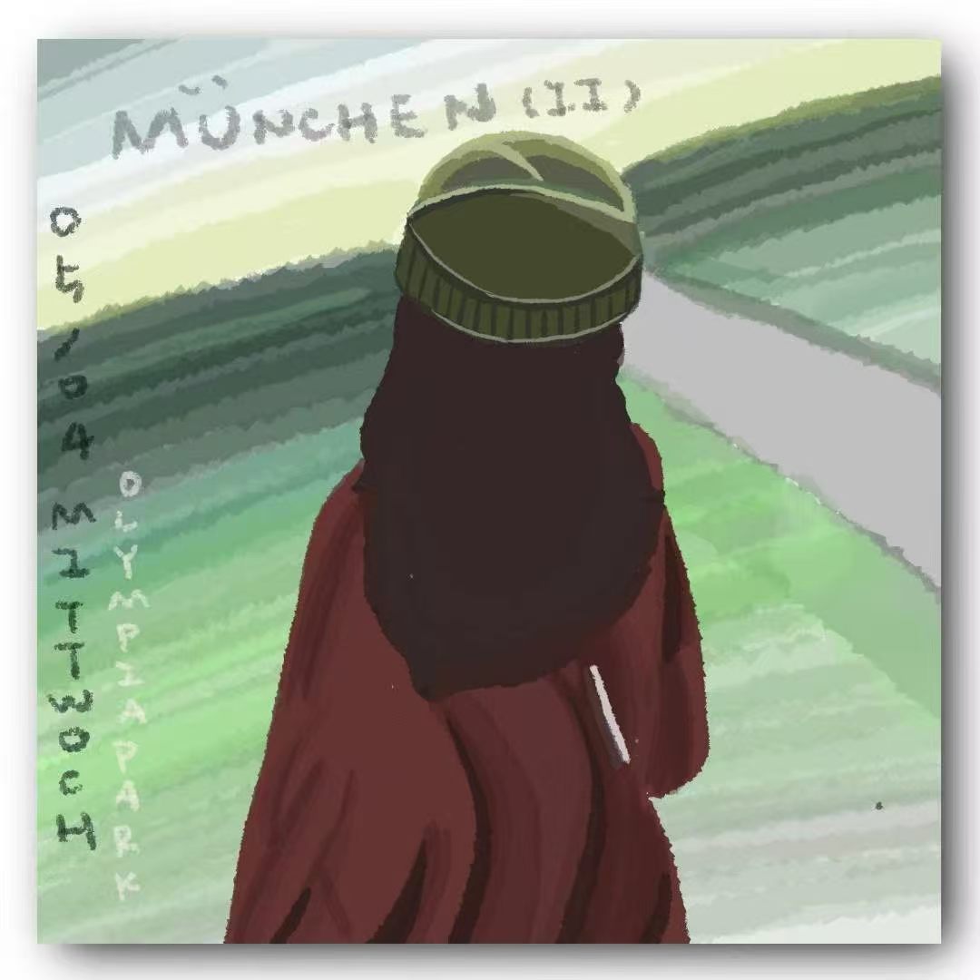 A muted travel illustration of a figure in the Munich landscape