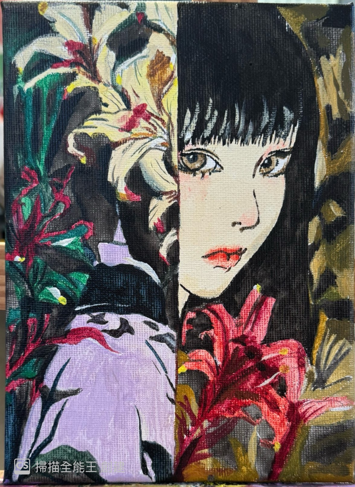 A colorful portrait painting framed by lilies