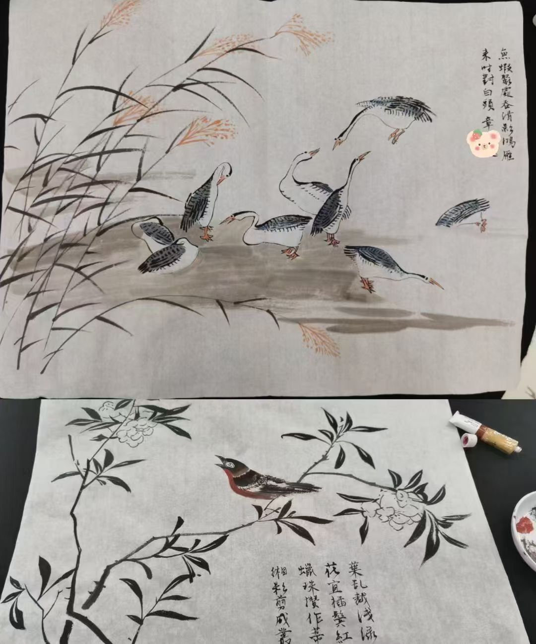 Two Chinese ink studies of birds, reeds, and flowering branches