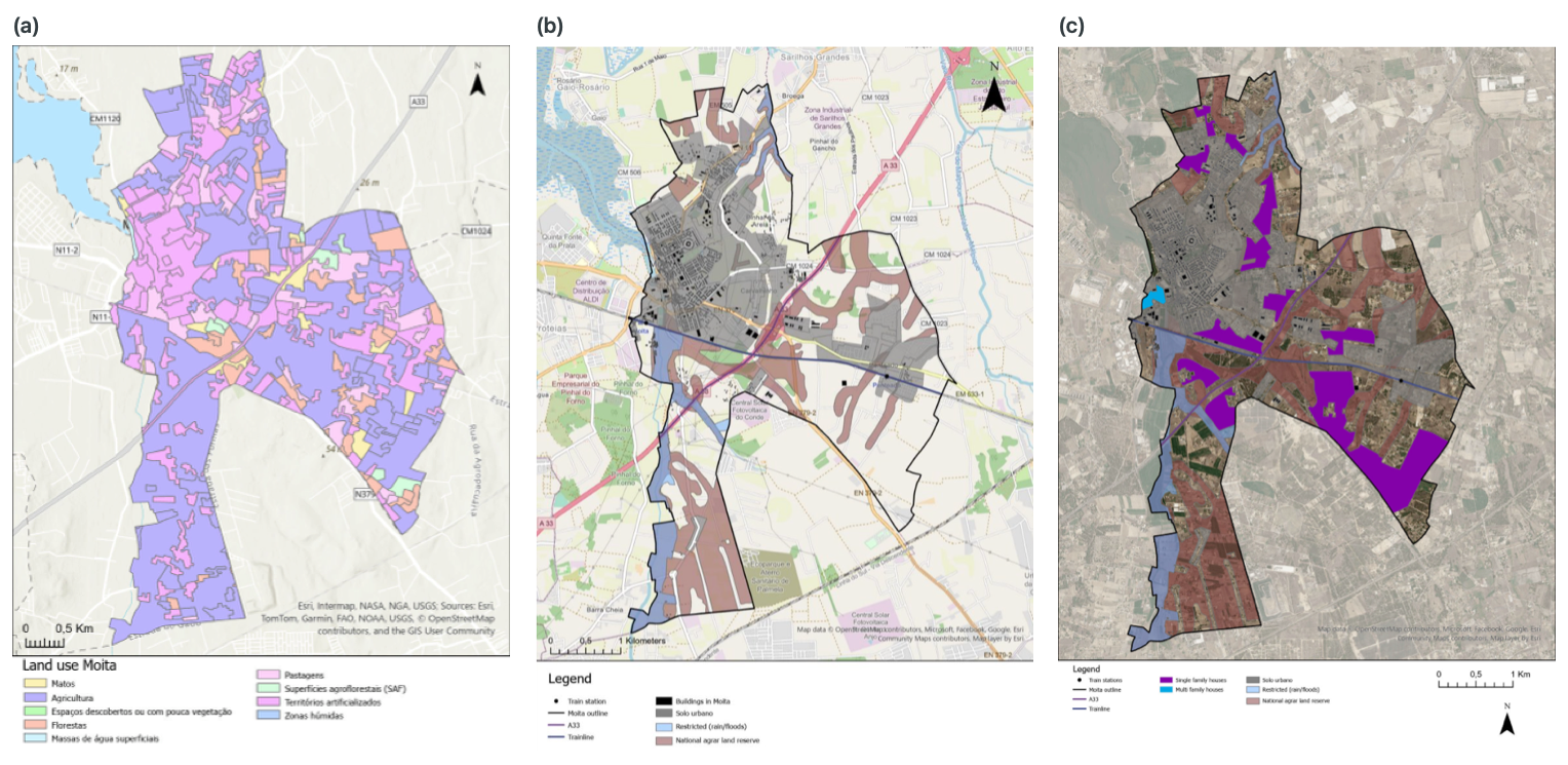 Three-panel urban expansion analysis for Moita