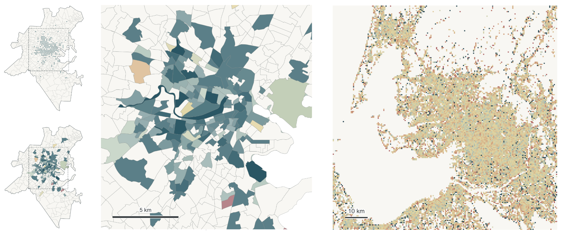 Boston and YJMob urban memory geography maps with Boston spatial support panels
